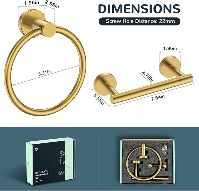 FORIOUS Toilet Paper Holder Wall Mount, SUS304 Stainless Steel Double Post Pivoting Tissue Roll Holder and Hand Towel Ring Set for Bathroom, RV, Bathroom Hardware Accessories Set, Brushed Gold