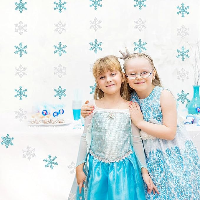 Snowflake-Snow Teal-Silver Christmas Party-Decorations Garland - 6pcs Winter Wonderland Girl Frozen Birthday Hanging Decoration Streamers Banner, Snow White New Year Supplies Holiday Decor Panduola