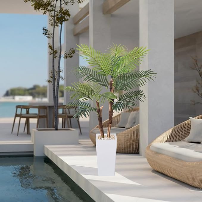 Artificial Palm Tree 5FT, Fake Tree with Realistic Fiber Trunks and White Tall Planter, Faux Tropical Areca Floor Plant in Pot, Artificial Silk Plant for Home Decor Office Living Room Decor