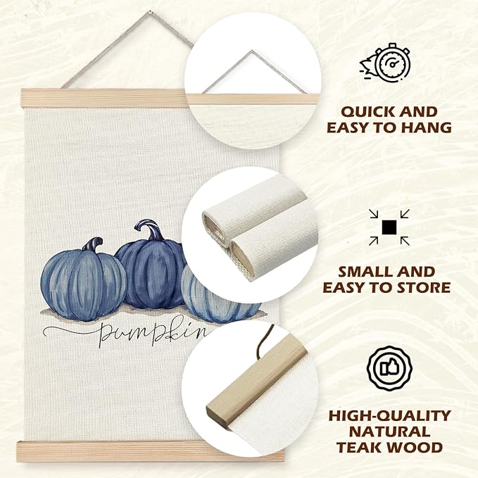 Supwhd Watercolor Fall Blue Pumpkin Wall Art with Wooden Poster Hanger, Fall Wall Decor, Fall Posters, Farmhouse Fall Pumpkin Autumn Harvest Thanksgiving Wall Art Decor, Fall Home Decor, 12x16