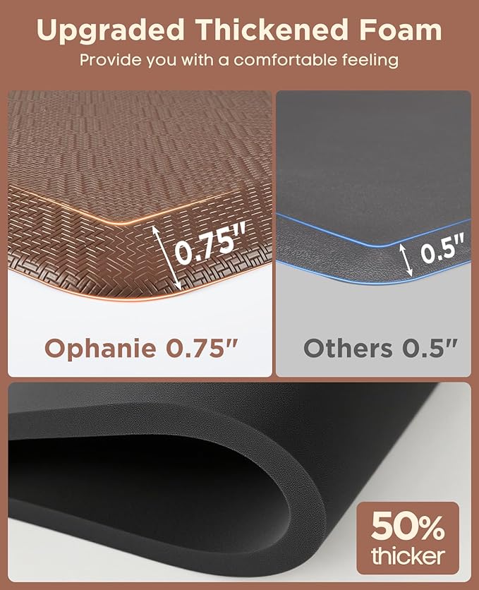 Ophanie Kitchen Mats for Floor, 3/4 Inch Thick Kitchen Rugs, 24 x 70 Anti Fatigue Standing Cushioned Mat, Waterproof,Comfort Ergonomic Mat for Office, Home, Sink, Brown Non-Slip Bottom