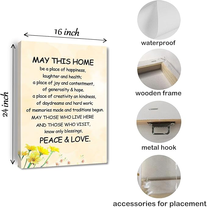 New Home Blessing Wall Art May This Home Be a Place of Happiness Canvas Print Quote Painting for Home Bless this Home Wall Decor Housewarming Gifts Framed 16 * 24 inch