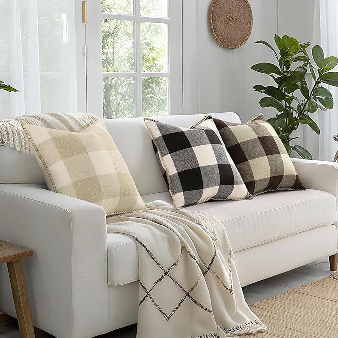 decorUhome Christmas Buffalo Plaid Check Throw Pillow Covers 12x20 Set of 2, Outdoor Lumbar Linen Decorative Farmhouse Gingham Pillow Covers with Stitched Edge for Bed Couch Sofa, Black and White