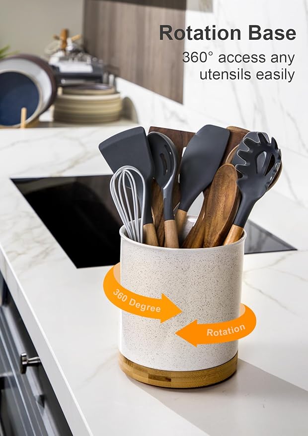 Nucookery 360°Rotating Utensil Holder, 7.2" Large Utensil Crock, Ceramic Cooking Utensil Organizer with Countertop-Protection Cork Bottom for Farmhouse Kitchen Decor Christmas Thanksgiving Gift (Sand)
