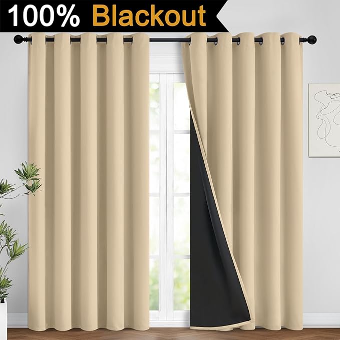 Yakamok Beige 100% Blackout Curtains, Thermal Insulated Total Blackout Drapes for Bedroom, Heat Blocking Window Curtains for Living Room(62Wx84L, 2 Panels)