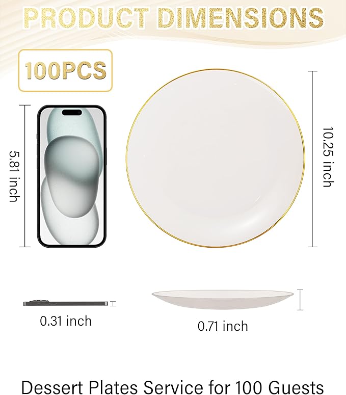 Nervure 100Pcs Ivory and Gold Plastic Plates - 7.5inch Disposable Ivory Dessert/Salad Plates - Heavy Duty Plastic Plate Ideal for Wedding & Party & Thanksgiving