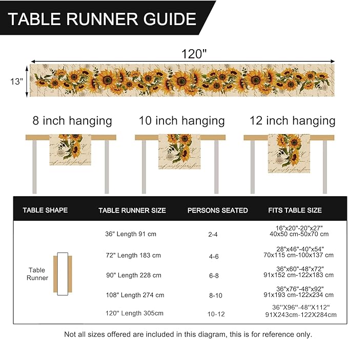 Seliem Fall Sunflowers Table Runner, Vintage Spring Summer Flower Home Kitchen Dining Decor, Seasonal Farmhouse Floral Decorations Indoor Outdoor Party Supply 13 x 120 Inch