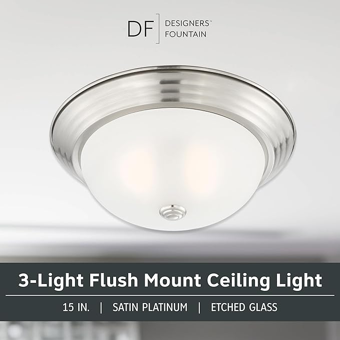 DESIGNERS FOUNTAIN Reedley 3-Lights Flush Mount Ceiling Light, 15 Inch Lighting Fixture for Kitchen, Bedroom, Bathroom, and Hallway, Satin Platinum with Etched Glass, 1257L-SP-W