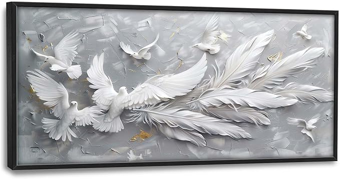 Quorin Feather Dove Bird Large Wall Art White Gray Holy Wings Pictures Peaceful Birds Flying Wall Decor Canvas Print Painting Artwork for Bathroom Living Room Bedroom 60L x 30W