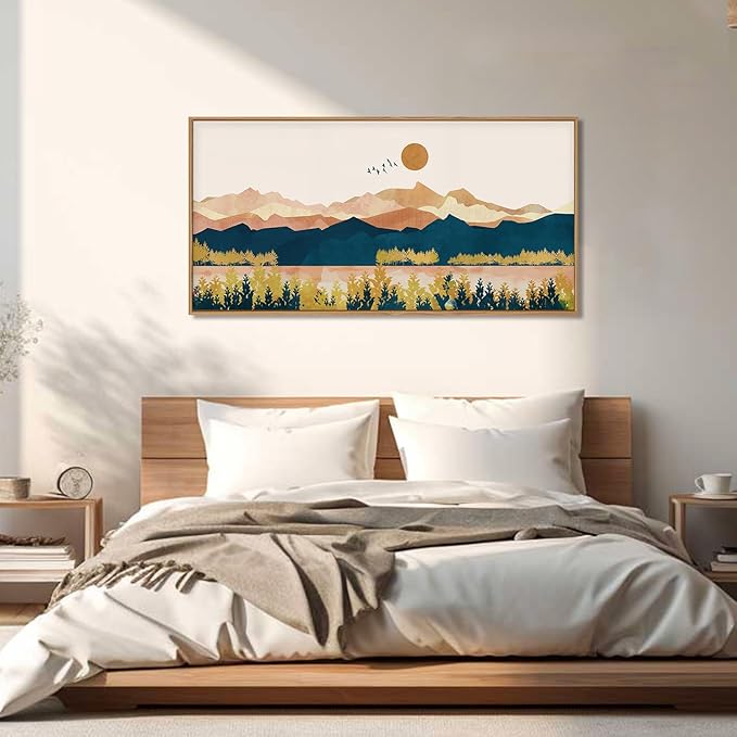 HPINUB Mountain Framed Canvas Wall Art Set, Mid Century Modern Wall Decor, Set of 3 Boho Artwork Nature Art Paintings, Bohemian Art Prints for Living Room, Bedroom, Dining Room, Office - 20"x40"