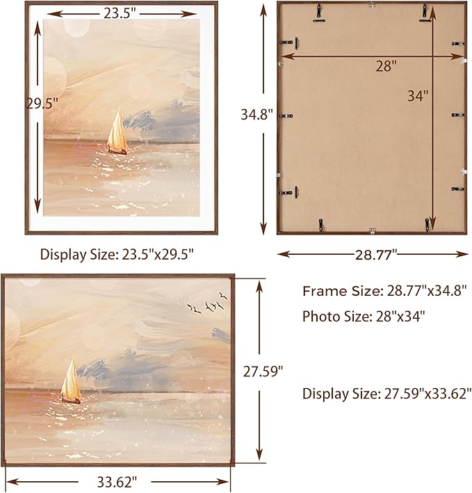 28x34 Poster Frame, 28"x34" Oak Wood Frame, 28x34 Picture Frame for Wall, Wood Frame 28 x 34 with Tempered Real Glass, 28x34 Frame with Mat for 24x30 Picture(Walnut Color, 1 Pack)