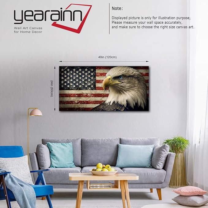 American Flag Canvas Wall Art - Flag of USA with Eagle Pictures for Wall Decor Patriotic Canvas Printing Artwork Vintage Rustic Design for Living Room Home Office Wall Decoration 24" x 48"