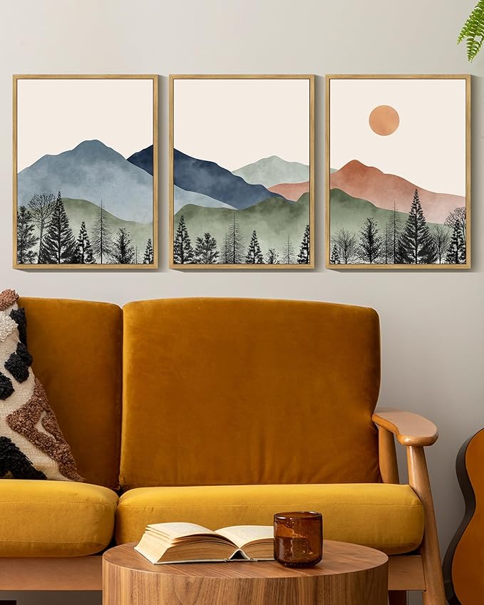KUVIOKE Mountain Landscape Framed Wall Decor Boho Sun Rise Watercolor Nature Art Prints Farmhouse Rustic Bedroom Dining Living Room Decor 11x14in (Natural Framed)