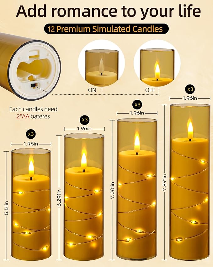 Da by Flameless Candles with Recessed String Light, Battery Operated Candles, Acrylic LED Pillar Candles with Remote Control and Timer, Golden, Set of 12