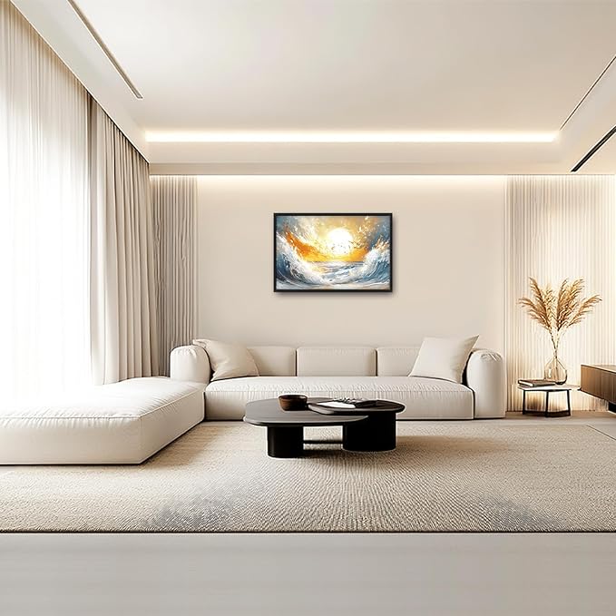 Trulave Ocean Sea Framed Wall Art for Living Room, Large Waves Canvas Wall Decor, Vintage Beach Sunset Pictures, Modern Artwork for Bathroom Bedroom 36L'' × 24W''