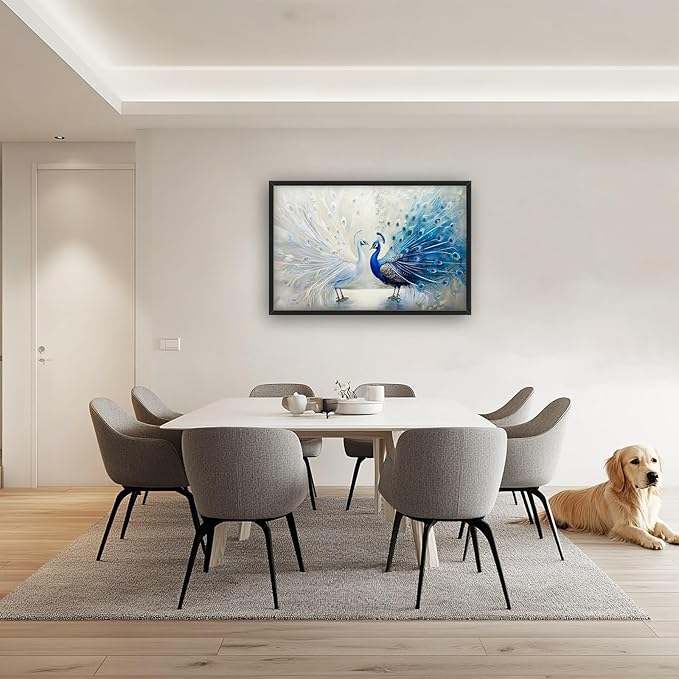 Quorin Peacock Large Wall Art Blue and White Pictures Elegant Animal Wall Decor Canvas Print Painting Artwork for Bathroom Living Room Bedroom 36L x 24W