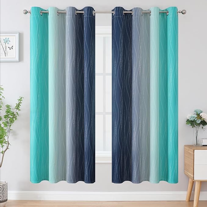 Estelar Textiler Navy Blue and Teal Blackout Curtains 72 Inch Length 2 Panels Set, Full Room Darkening Grommet Ombre Curtains for Bedroom, Thermal Insulated Light Blocking Gradient Drapes, 52Wx72L