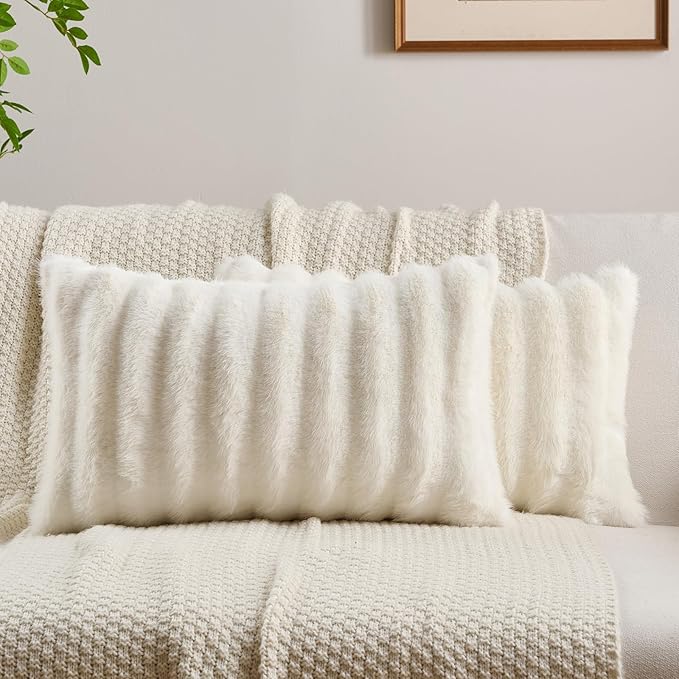 FUTEI Cream White Decorative Throw Pillow Covers 12x20 Inch Set of 2,Soft Fluffy Faux Mink Fur Dyeing Striped Textured Lumbar Pillow Case,Modern Home Decor for Couch Bed Living Room