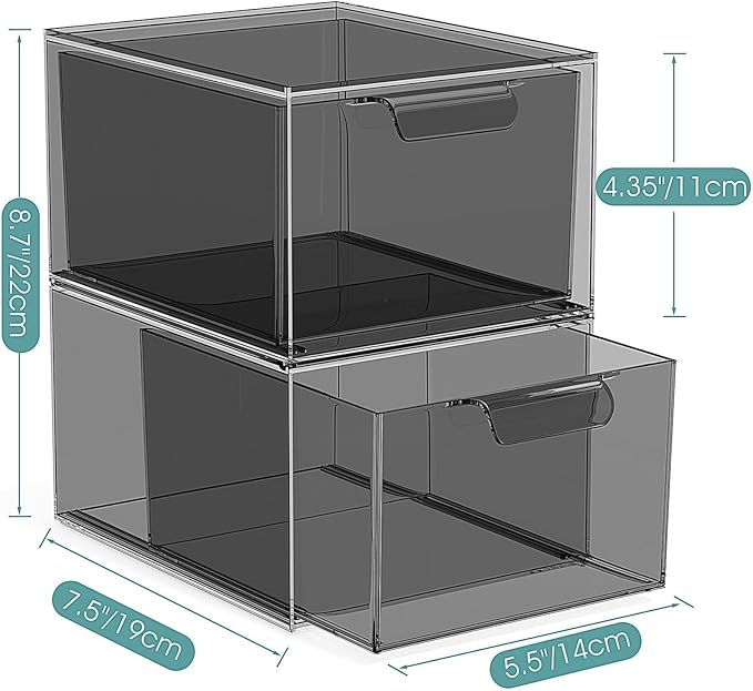 4 Pack Stackable Makeup Organizer and Storage, Acrylic Organizers，Clear Plastic Storage Drawer with Pull-Out Handles for Vanity, Undersink, Kitchen Cabinets, Pantry, Black