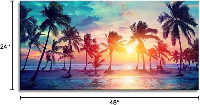 DZL Art S75562 Canvas Wall Art Palm Trees Silhouettes On Tropical Beach At Sunset Beach Seascape Painting Nature Pictures for Living Room Home Office Wall Decor Artwork