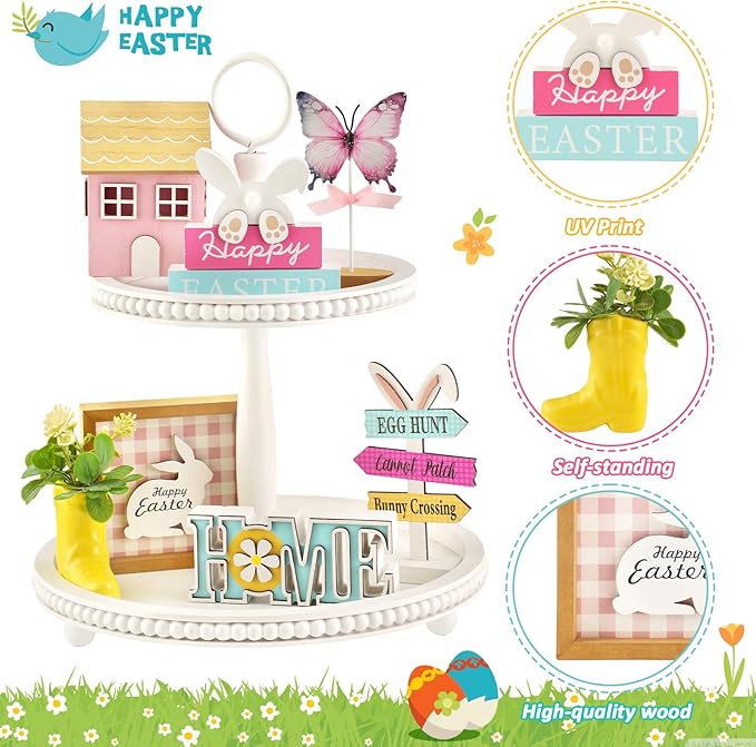 Spring Decorations, 8 Pieces Easter Spring Tiered Tray Decor, Home Office Table Shelf Decor Gifts, Tray Objects Decoration Bundle Bunny Bead Garland Wood Plaques Signs Decorative Ornament Set