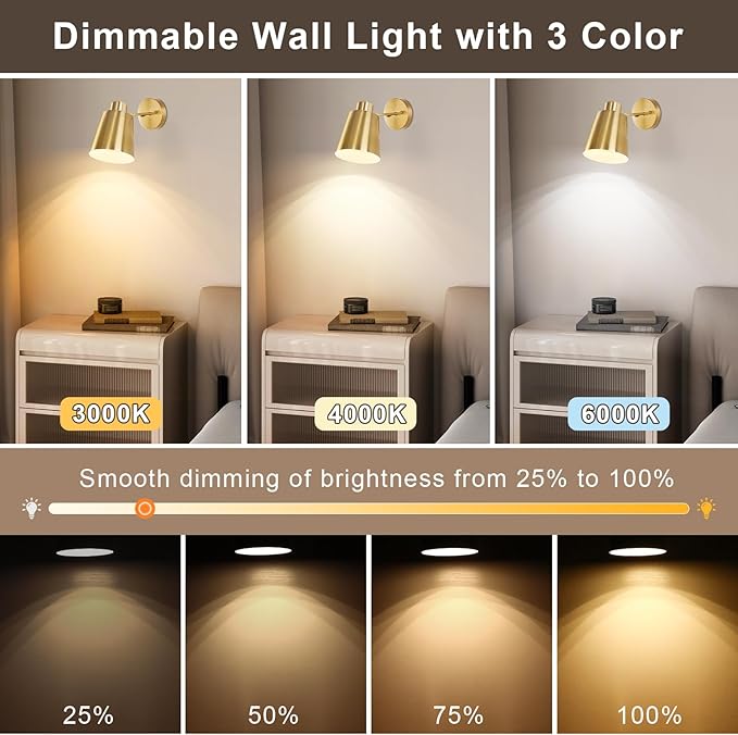 Battery Operated Wall Sconces Set of 2, Dimmable LED Wall Lights with Remote Control, Indoor Sconce Wall Lighting 3000K/4000K/6000K Adjustable Gold Wall Mounted Lamps for Bedroom Living Room Hallway