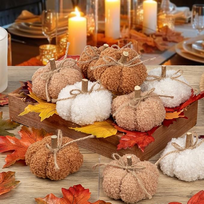 Fall Pumpkin Decorations for Home, 9 Pcs Artificial Mini Fabric Pumpkins Autumn Decor, Fake Pumpkins for Decorating, Fall Wedding Table Centerpiece Mantel Decor, Thanksgiving Halloween Decor Indoor
