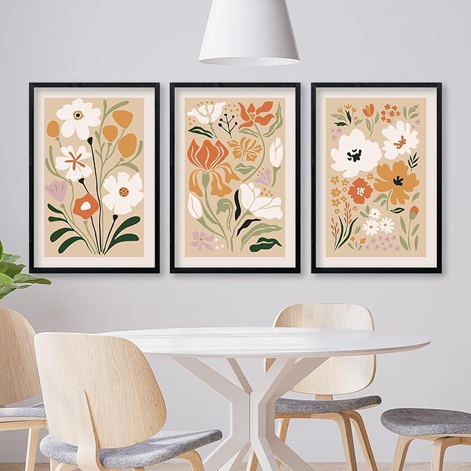 Boho Flowers Wall Art Sign Set of 3 16"x11" Mid Century Modern Minimalist Wooden Framed Abstract Flower for Vintage Living Room Bedroom Wall Hanging Decor (Black)