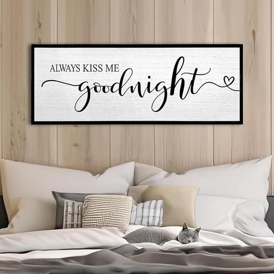Always Kiss Me Goodnight Wall Sign 40''×15'' Vintage Master Bedroom Above Bed Farmhouse Wooden Framed Family Wall Decor for Larg Couples Over Bed Wall Art Decoration (Black)