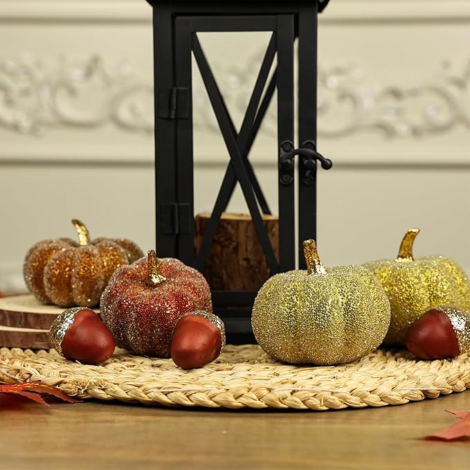 Glitter Mini Pumpkin Decor Indoor 22PCS Halloween Pumpkins for Fall Decorations for Home Fall Centerpieces for Tables Outdoor Harvest Thanksgiving Party/Acorns Autumn Fillers Decor