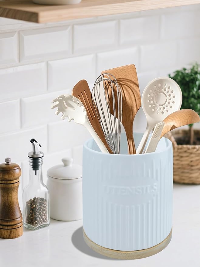 360° Rotating Utensil Holder, 7.6" Large Ceramic Kitchen Utensil Holder for Countertop with Bamboo Base, Stable Utensil Organizer, Farmhouse kitchen Decor, White