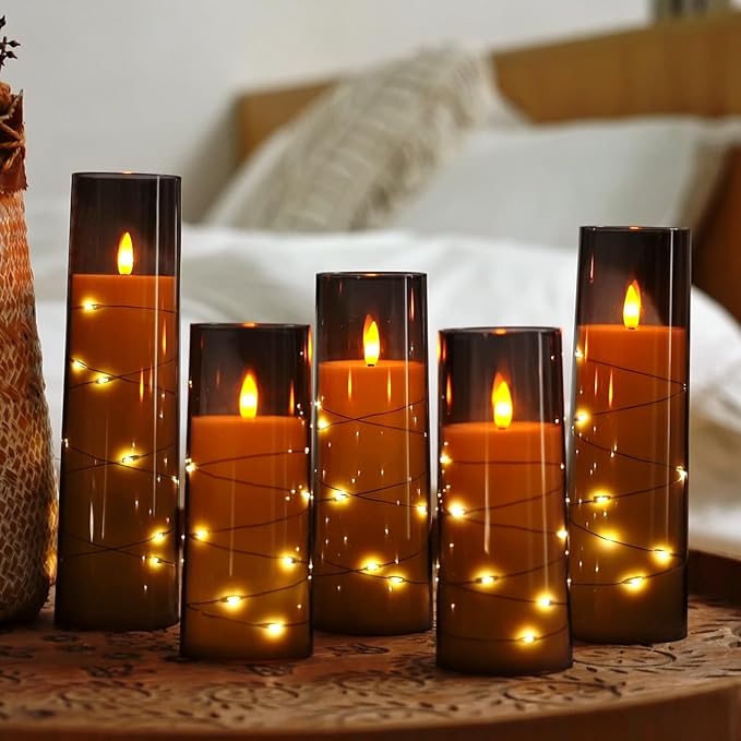 Raycare Flameless LED Candles with Embedded Star String, 5 Pcs Battery Operated Acrylic Pillar Candles with Timer and Remote, Flickering for Romantic Ambiance and Home Decoration(Grey)