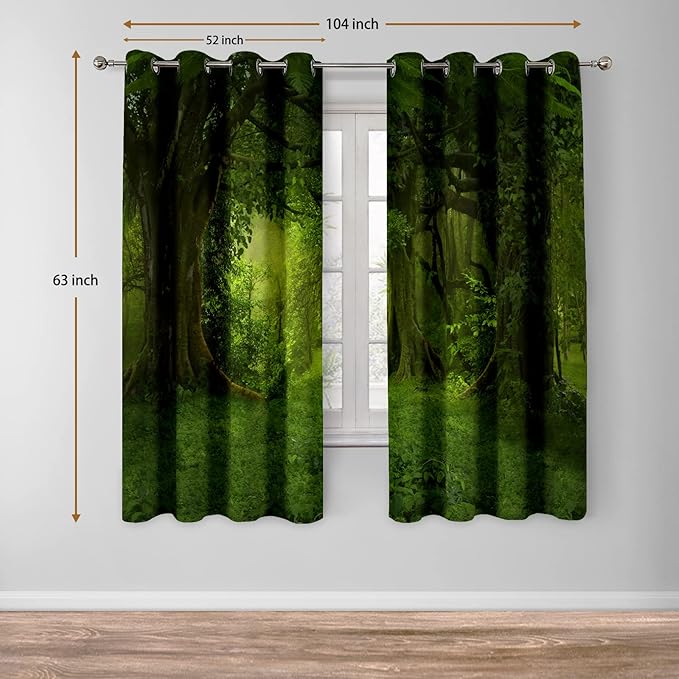 Jekeno Forest Blackout Curtains Tropical Jungle Green Trees Foliage in The Woodland Himalayas Landscape Nature Decor for Bedroom Living Room Grommet Window Drapes 2 Panel Set, 52"x63"
