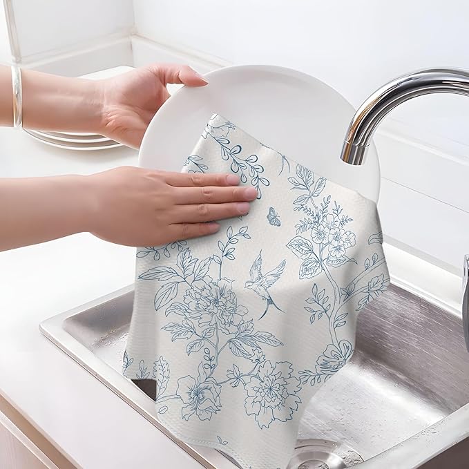 Spring Kitchen Towels 16x24 Inch Navy Blue Chinoiserie Flowers Bird Decor Dish Towels Floral Summer Seasonal Decoration Hand Towels Absorbent Dish Cloths for Home Kitchen Dining Set of 2