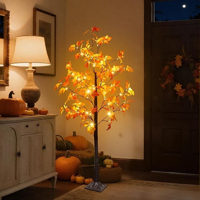 DR.DUDU 5 FT Fall Decorations for Home, Lighted Fall Maple Tree with LED Lights - Artificial Autumn Trees for Indoor/Outdoor Decor, Porch, Patio, Thanksgiving Seasonal Decor