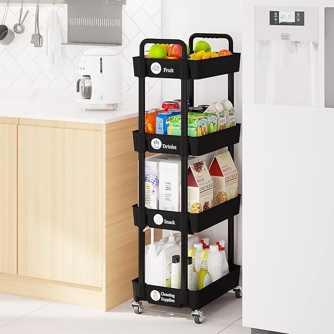 Laiensia 4-Tier Rolling Cart with Wheels,Multifunction Utility Storage carts, Kitchen Storage Organizer,Mobile Shelving Unit for Bathroom,Laundry,with Classified Stickers,Black
