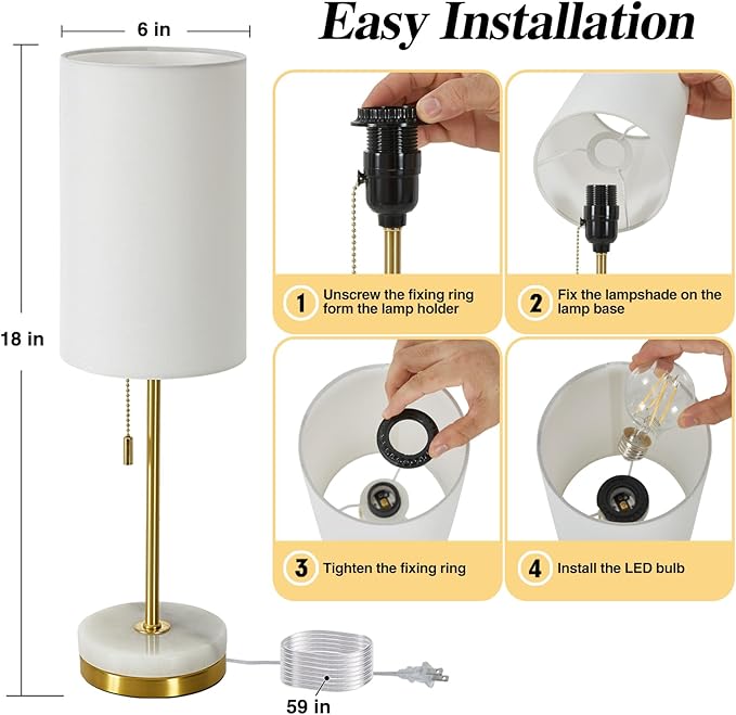 Desk Lamp & Table Lamp Set of 2, Bedside Lamps for Night Stands - Modern Small Table Lamps with Marble Base, Fabric Shade, Mini Pull Chain Bedroom Lamps for Living Room, Office, Reading (Gold)
