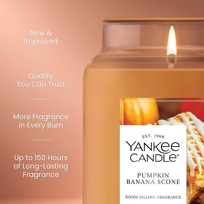 Yankee Candle Large Jar Scented Candle with up to 150 Hour Burn Time, Premium Plant Wax Blend for Consistent Burn, 22 oz Jar Candle with Room Filling Fragrance, Pumpkin Banana Scone
