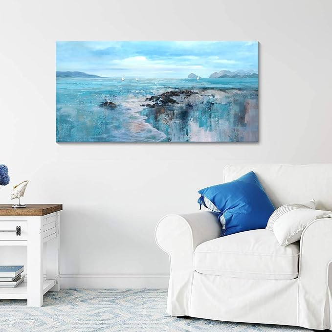 YCPRIMER Large Beach Wall Art - Blue Coastal Canvas Painting Decoration Ocean Ladscape Wall Decor Picture Artwork for Living Room,Bedroom,Office Size 24×48 Inches