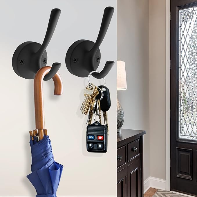 Black Wall Hooks, 6 Pack Coat Towel Hook Heavy Duty Metal Double Bath Robe Hook Wall Mounted, Hat Hooks for Cubicle Bathroom Kitchen Closet Garage