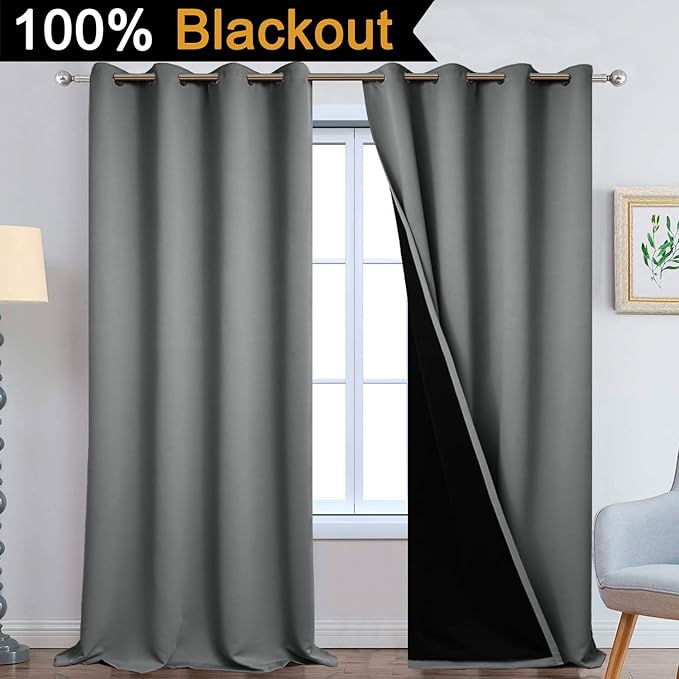 Yakamok Gray 100% Blackout Curtains Energy Saving Thermal Insulated 2 Thick Layers Completely Blackout Drapes with Black Liner for Bedroom (52Wx108L, Grey, 2 Panels)
