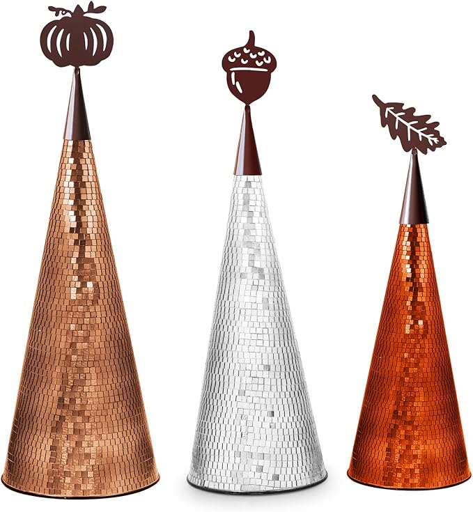 WDHODEC Fall Table Decor Tree 3PCS, Handmade Fall Halloween Table Centerpiece Decorations, Tabletop Disco Ball Tree for Autumn Party, Wedding, Indoor Outdoor Thanksgiving Decor Orange Brown Silver