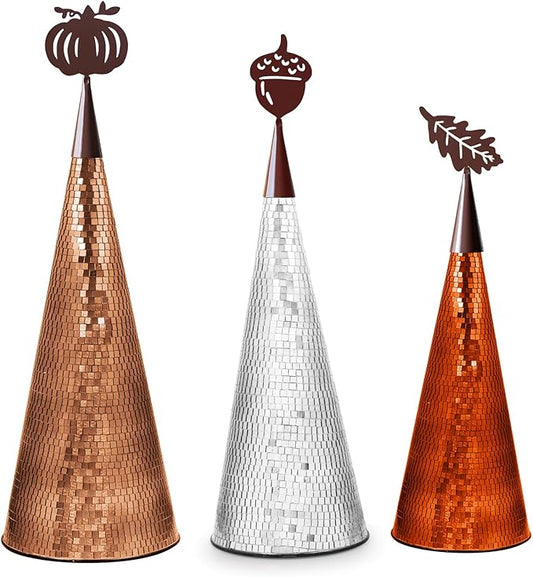 WDHODEC Fall Table Decor Tree 3PCS, Handmade Fall Halloween Table Centerpiece Decorations, Tabletop Disco Ball Tree for Autumn Party, Wedding, Indoor Outdoor Thanksgiving Decor Orange Brown Silver