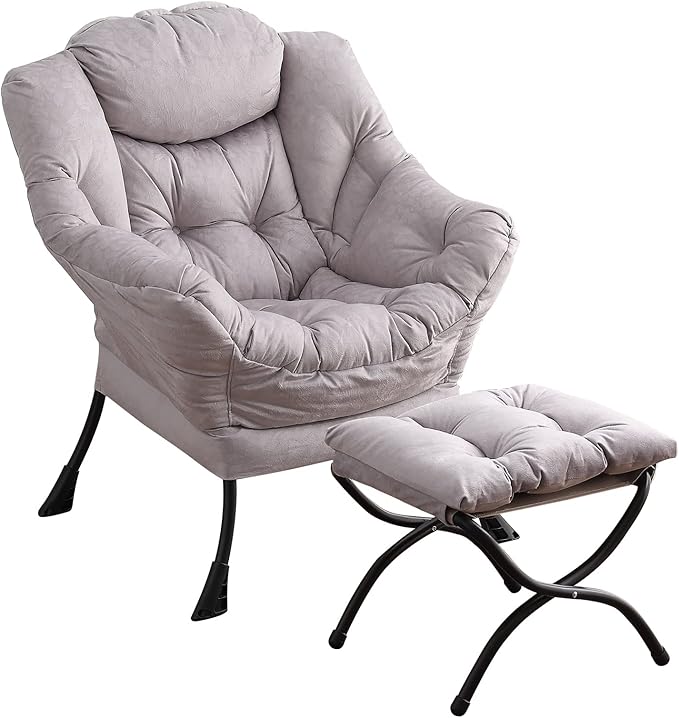 Lazy Chair with Ottoman, Modern Chair with Folding Footrest, Lounge Accent Chair, Comfortable Reading Chair, Oversized Armchairs for Bedroom, Study, Living Room, Courtyard (Light Grey)