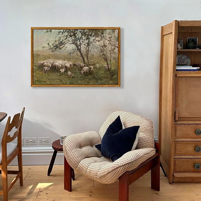 crmotu Vintage Framed Wall Art, Animal Landscape Canvas Prints, Prairie Sheep Rustic Farmhouse Decor Pictures, French Country Retro Paintings Wall Decor Living Room Bedroom Bathroom Kitchen 20x30in