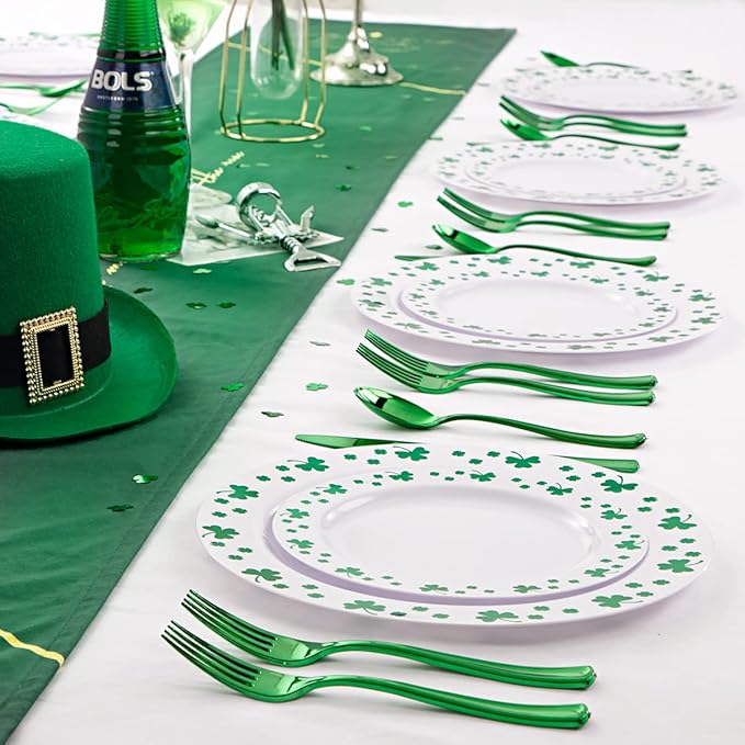 WDF 125pcs St. Patrick’s Day Plastic Plates with Shamrock Clover & Disposable Silverware - Premium White and Green Plastic Dinnerware for Wedding &Parties, Special for St. Patrick’s Day