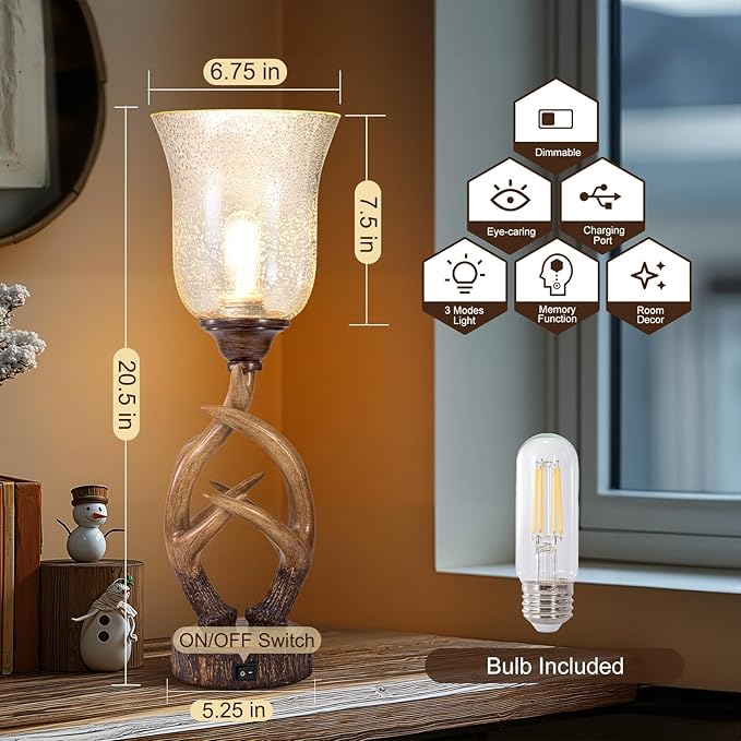 Scenekoy Antler Table Uplight Lamp for Living Room Bedroom, 20.5” Resin Memory Function Bedside Lamps with Glass Shade, Rustic Nightstand Lamp with USB Ports for Home Room Decor (Bulb Included)