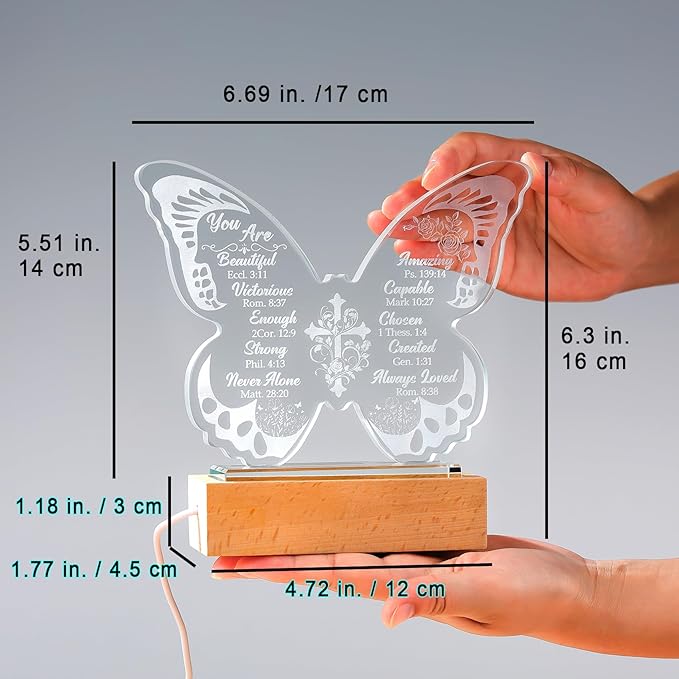 Ornalrist Christian Gifts for Women - Butterfly Inspirational Religious Gifts with Bible Verses and Prayers Rose Cross for Her, Mom, Friend, Sister - Religious Glass Keepsake Warm LED Light Base