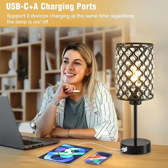 GyroVu Crystal Table Lamp, Black Lamp for Bedroom Nightstand with USB C+A Ports, 3 Way Dimmable Touch Lamp with Crystal Shade, Bedside Lamp Small Lamp for Bedroom, Living Room, Office (Buld Included)