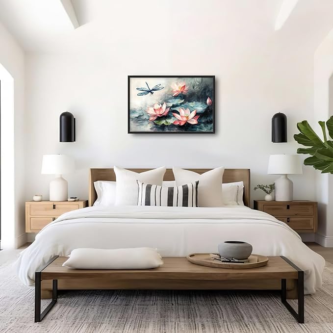 Framed Large Wall Art for Living Room, Lotus Dragonfly Canvas Wall Decor, Floral Zen Pictures Painting, Modern Landscape Artwork for Bedroom Office 36L'' × 24W''